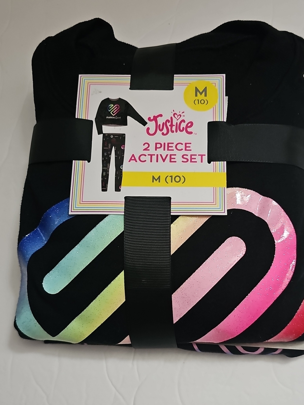 Justice Black Active Set with Glitter Rainbow Stripe